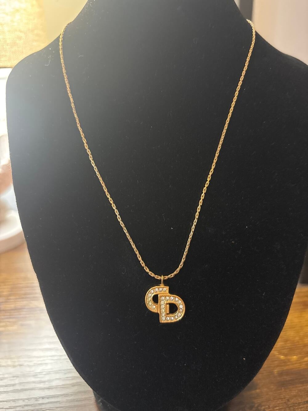 Vintage Christian Dior CD Logo Pendant Necklace Gold Tone Crystal Rhinestone